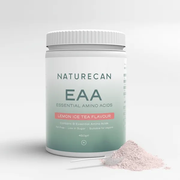 Naturecan EAA-pulver på vit yta