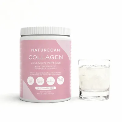 Naturecan kollagen-pulver på vitt bord